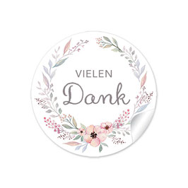 24 Sticker "Vielen Dank" - Blütenkranz - Pastell  rosa