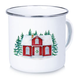 Emaille Tasse Becher SCHWEDENHAUS ROT WEIß • 300 ml