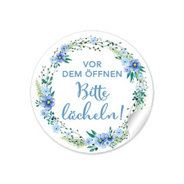 24 Sticker Vor dem Öffnen bitte lächeln! - Blüten blau