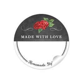 24 Sticker MADE WITH LOVE- HOMEMADE STYLE HIMMBEERE - Kreidetafel schwarz weiß - mit Freitextfeld BREIT