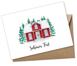 POSTKARTE SCHWEDENHAUS ROT WEIß SCHÖNES FEST
