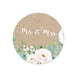 24 Sticker "MR. and MRS. - Kraftpapier Look Rosen weiß grün