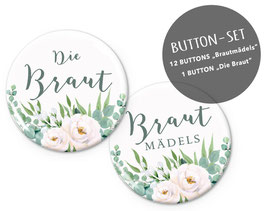 NEU: BUTTON SET MATT 1 x DIE BRAUT + 12 x BRAUTMÄDELS ROSEN ZWEIGE EUKALYPTUS GRÜN WEIß BOHO