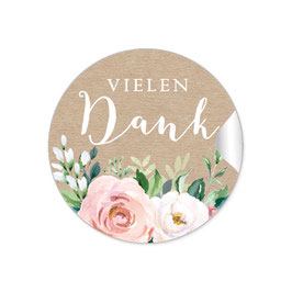 24 Sticker Vielen Dank - Kraftpapier Look Rosen Blätter Zweige grün Apricot rosa weiß
