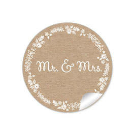24 Sticker "MR. and MRS. - Kraftpapier Look Kranz Zweig weiß braun