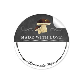 24 Sticker MADE WITH LOVE- HOMEMADE STYLE STEINPILZ - Kreidetafel schwarz weiß - mit Freitextfeld BREIT
