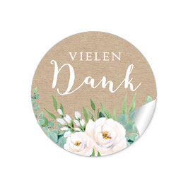 24 Sticker Vielen Dank - Kraftpapier Look Rosen Blätter Zweige grünweiß