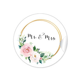 24 Sticker "MR. and MRS. - Ringe Rosen rosa weiß grün