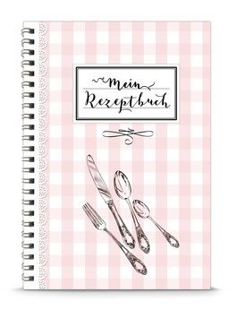 DIN A5 KREATIV DIY KOCHBUCH "Mein Rezeptbuch" Besteck kariert rosa zum Selbstbeschreiben  (Spiralgebunden)