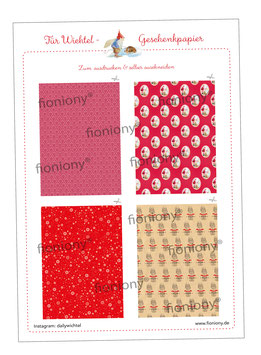 Für die Wichteltür: 4 x Mini Wichtel Geschenkpapier Weihnachten NIKOLAUS ROT zum selber ausdrucken, auschneiden, selber basteln