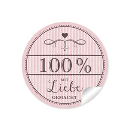 24 Sticker "100% mit Liebe gemacht"- Vintage Retro Style - rosa