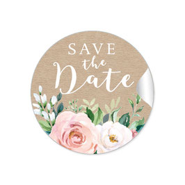24 Sticker "Save the Date" - Eukalyptus Kraftpapier Look Rosen lachs apricot