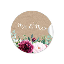 24 Sticker "MR. and MRS. - Kraftpapier Look Rosen rot rosa grün