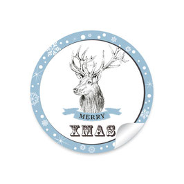 24 Sticker "Merry XMAS"- Weihnachtshirsch - blau