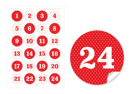 24 Sticker Adventskalenderzahlen - Punkte - rot weiß