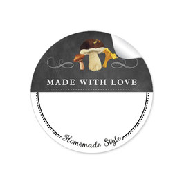 24 STicker MADE WITH LOVE- HOMEMADE STYLE PILZE - Kreidetafel schwarz weiß - mit Freitextfeld BREIT