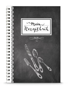 DIN A5 KREATIV DIY KOCHBUCH "Mein Rezeptbuch" Besteck Kreidetafel Spitze schwarz zum Selbstbeschreiben  (Spiralgebunden)