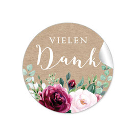 24 Sticker Vielen Dank - Kraftpapier Look Rosen Blätter Zweige grün rot rosa