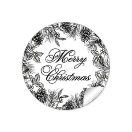 24 Sticker "Merry Christmas"- Weihnachtsskranz - schwarz weiß
