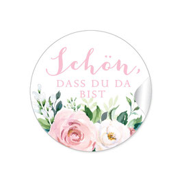 24 Sticker "Schön, dass du da bist" - Rosen Zweige Grün rosa weiß