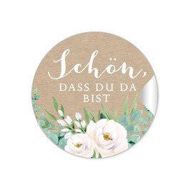 24 Sticker "Schön, dass du da bist" - Kraftpapier Look Rosen Zweige Grün weiß