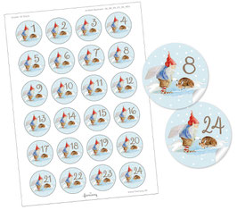 24 STICKER ADVENTSKALENDER ZAHLEN 1-24 WICHTEL WINTER REHKITZ BLAU