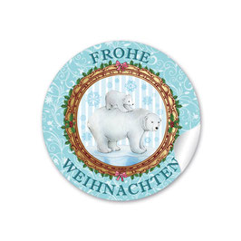 24 Sticker "Frohe Weihnachten" -  Eisbär mit Baby - hellblau