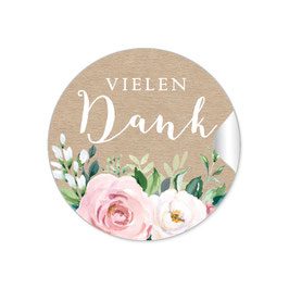 24 Sticker Vielen Dank - Kraftpapier Look Rosen Blätter Zweige grün rosa weiß