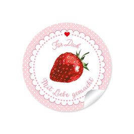 24 Sticker "Für Dich - Mit Liebe gemacht"- Erdbeere- Punkte rosa