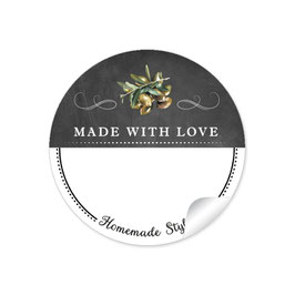 24 Sticker MADE WITH LOVE- HOMEMADE STYLE OLIVEN - Kreidetafel schwarz weiß - mit Freitextfeld BREIT