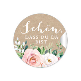 24 Sticker "Schön, dass du da bist" - Kraftpapier Look Rosen Zweige Grün Apricot weiß