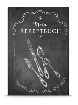 SOFTCOVER MEIN REZEPTBUCH Kochbuch zum Selberschreiben, Besteck schwarz Kreidetafel, liniert, Inhaltsver., A5, PEFC zertifiziertes Papier