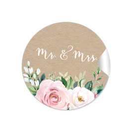 24 Sticker "MR. and MRS. - Kraftpapier Look Rosen rosa weiß grün