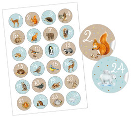 24 Sticker Adventskalenderzahlen - Wintertiere Mint braun