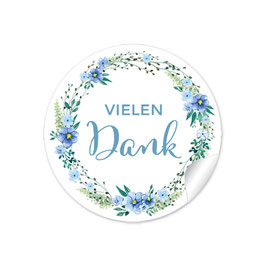 24 Sticker "Vielen Dank" - Blumenkranz - blau