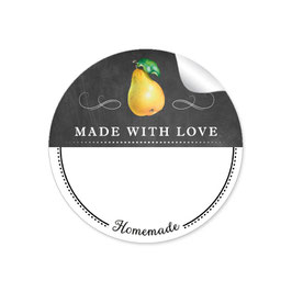 24 Sticker MADE WITH LOVE- HOMEMADE BIRNE - Kreidetafel schwarz weiß - mit Freitextfeld BREIT