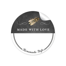 24 Sticker MADE WITH LOVE- HOMEMADE STYLE BIENE - Kreidetafel schwarz weiß - mit Freitextfeld BREIT