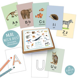 MAL MICH AUS! 26  ABC Alphabet Karten Lernkarten Buchstaben Lernspiel Safari  Zootiere Waldtiere Tiere  • A6 Karten