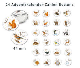 Adventskalender Zahlen Nadel Buttons WINTERTIERE Anstecker Pin • Matt Ø 44 mm