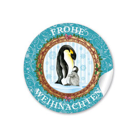 24 Sticker "Frohe Weihnachten" -  Pinguin mit Baby - türkis