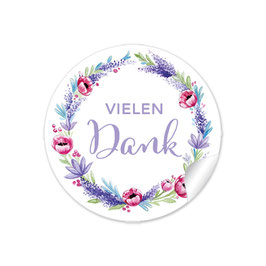 24 Sticker "Vielen Dank" - Lavendel Mohnblume - rot lila