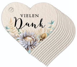 12 HERZ ANHÄNGER VIELEN DANK beige Eukalyptus Trockenblumen Pampas Lagurus Samt Gras Silberdistel Boho grün Gastgeschenke Hochzeit Taufe