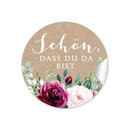 24 Sticker "Schön, dass du da bist" - Rosen Zweige Grün rot rosa weiß