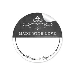 24 Sticker MADE WITH LOVE- HOMEMADE STYLE ORNAMENTE - Kreidetafel schwarz weiß - mit Freitextfeld BREIT