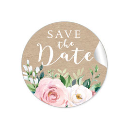 24 Sticker "Save the Date" - Eukalyptus Kraftpapier Look Rosen rosa weiß