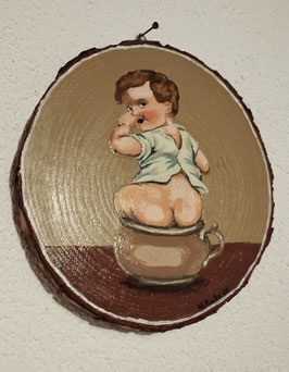Vintage WC- Täfeli, handgemalt auf ⌀20cm Holzscheibe