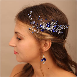 Haarkamm Blau Perlen & Ohrringe Blau Strass Art.7797