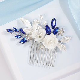 Haarkamm Blau Blumen Perlen Strass Art.8816