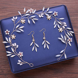 Brautschmuck Set Ohrringe & Haardraht Blumen Perlen Gold Art.27004