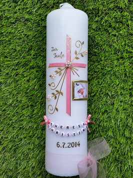 Taufkerze TK130 mit Foto in Rosa Flitter mit Gold